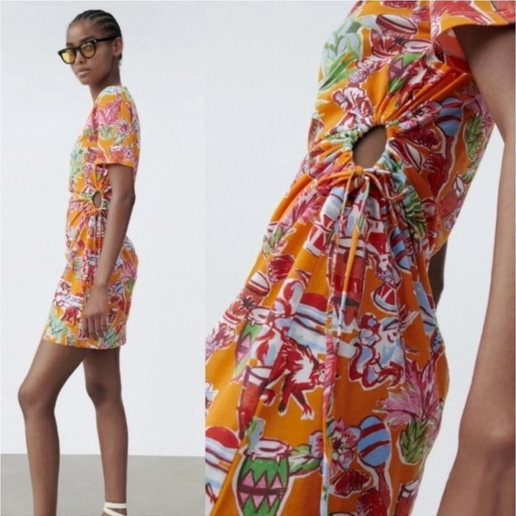 ZARA Tropical Dress with waist cutout maraca drum print 33695 - Picture 1 of 15